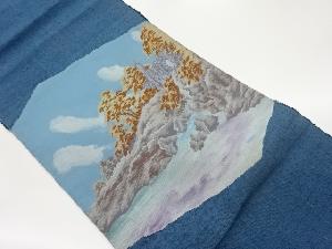 手織り紬湖風景模様織出し名古屋帯